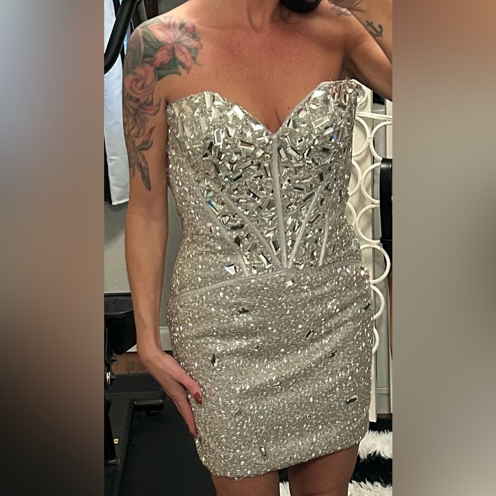 Sherri Hill Short Silver beaded dress